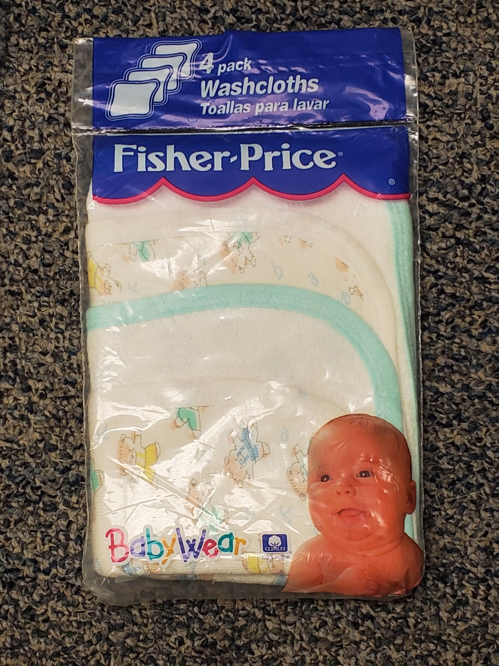Fisher-Price Baby Washcloths - 4 Pack, Vintage 1990s Cotton White with Mint Trim